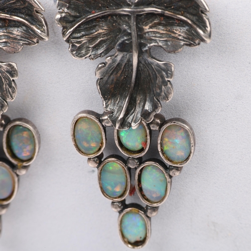 1437 - A pair of Art Nouveau style silver and opal doublet grape drop earrings, maker BJT, London 1990, wit... 