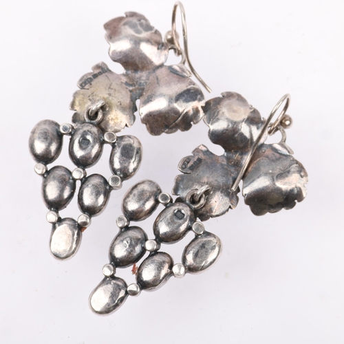 1437 - A pair of Art Nouveau style silver and opal doublet grape drop earrings, maker BJT, London 1990, wit... 