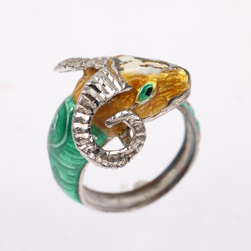 1443 - A sterling silver and enamel ram's head ring, setting height 18.6mm, size L, 7.4g