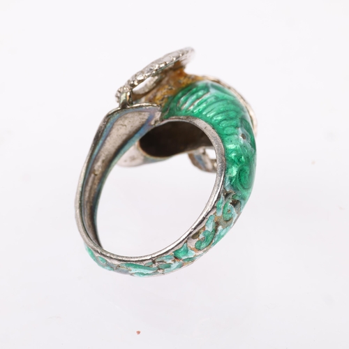 1443 - A sterling silver and enamel ram's head ring, setting height 18.6mm, size L, 7.4g