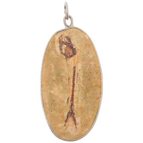 1447 - A fish fossil panel pendant, in white metal wire frame, 50.7mm, 5.5g