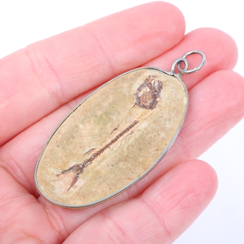 1447 - A fish fossil panel pendant, in white metal wire frame, 50.7mm, 5.5g