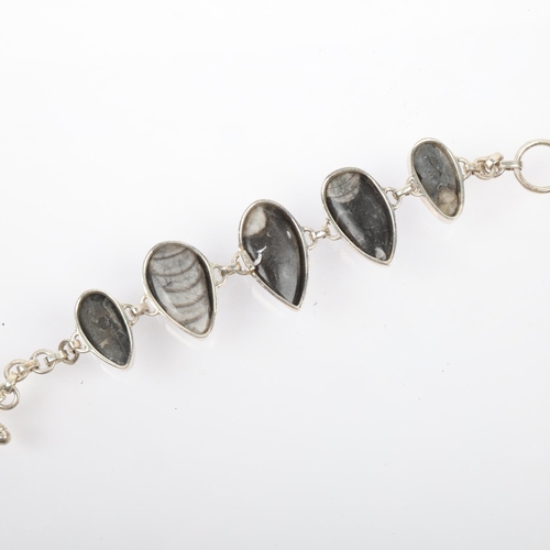 1450 - A sterling silver orthoceras fossil panel bracelet, 22cm, 42.2g