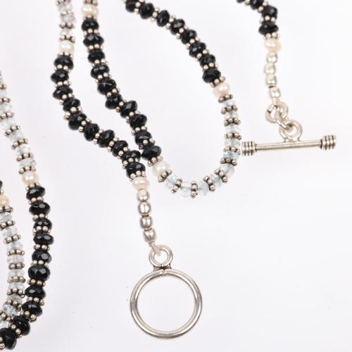 1452 - A long single-strand sterling silver black onyx pearl and topaz bead sautoir necklace, with pearl sl... 