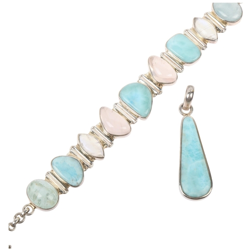 1456 - A modern sterling silver larimar and gem set bracelet and pendant set, bracelet 21.5cm, pendant 58.9... 