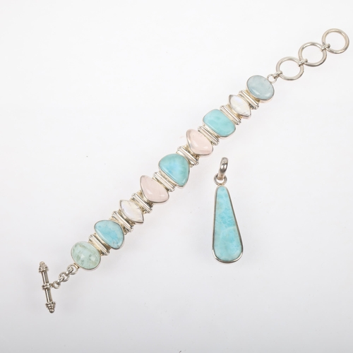 1456 - A modern sterling silver larimar and gem set bracelet and pendant set, bracelet 21.5cm, pendant 58.9... 