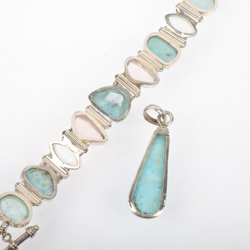 1456 - A modern sterling silver larimar and gem set bracelet and pendant set, bracelet 21.5cm, pendant 58.9... 