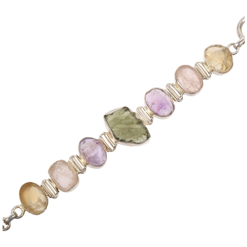 1457 - A modern sterling silver gem set panel bracelet, gemstones include moldavite and amethyst, 21cm, 34.... 