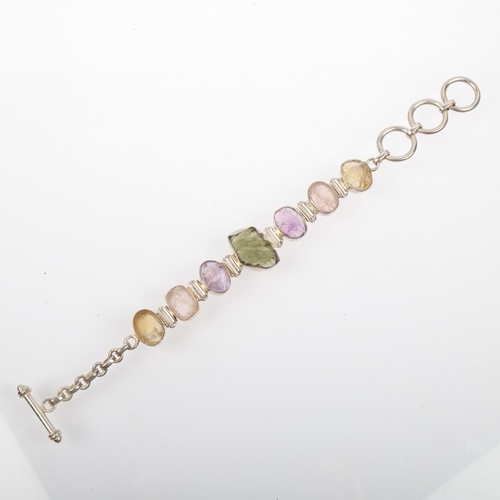 1457 - A modern sterling silver gem set panel bracelet, gemstones include moldavite and amethyst, 21cm, 34.... 