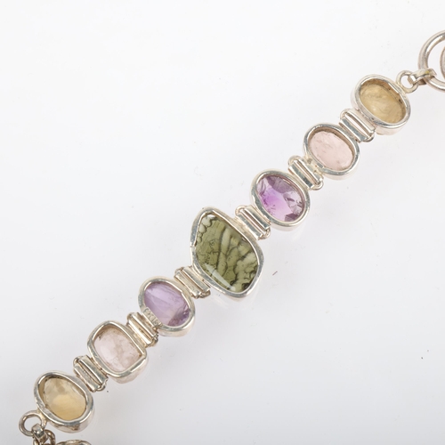 1457 - A modern sterling silver gem set panel bracelet, gemstones include moldavite and amethyst, 21cm, 34.... 