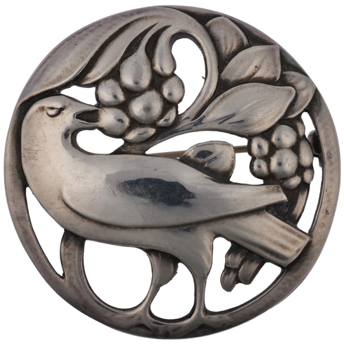 1459 - GEORG JENSEN - an Art Nouveau style Danish sterling silver 'Bird Eating Berries' brooch, model no. 1... 