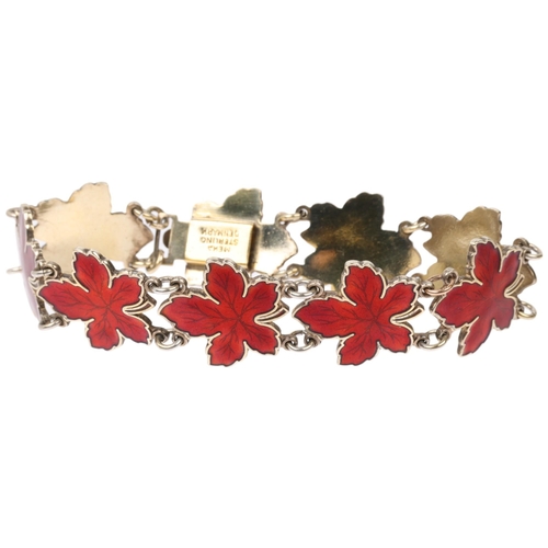 1464 - MEKA - a Danish stylised sterling silver-gilt red enamel maple leaf panel bracelet, 18cm, 26.7g