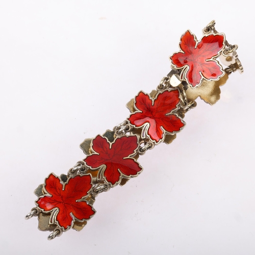 1464 - MEKA - a Danish stylised sterling silver-gilt red enamel maple leaf panel bracelet, 18cm, 26.7g