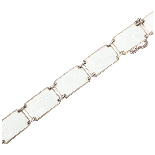 1465 - A Danish modernist sterling silver and white enamel panel bracelet, 18cm, 22g