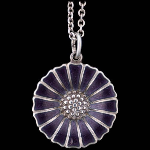 1473 - GEORG JENSEN - a modern Danish sterling silver and purple enamel daisy pattern pendant necklace, on ... 