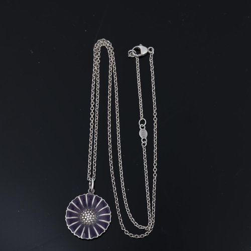 1473 - GEORG JENSEN - a modern Danish sterling silver and purple enamel daisy pattern pendant necklace, on ... 