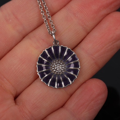 1473 - GEORG JENSEN - a modern Danish sterling silver and purple enamel daisy pattern pendant necklace, on ... 