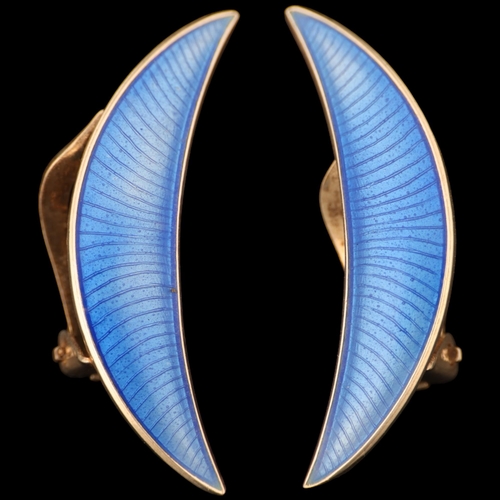 1476 - VOLMER BAHNER - a pair of Danish modernist sterling silver and blue enamel crescent moon clip-on ear... 