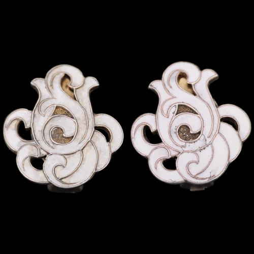 1477 - A DRAGSTED - a pair of Danish silver-gilt white enamel 'Monster Beskyttet' clip-on earrings, 21.7mm,... 