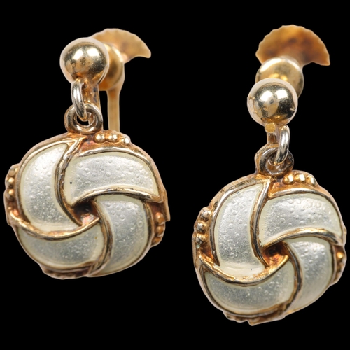 1480 - A pair of Danish vermeil silver and white enamel knot drop earrings, with screw-back fittings, no ma... 