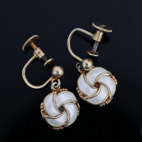 1480 - A pair of Danish vermeil silver and white enamel knot drop earrings, with screw-back fittings, no ma... 