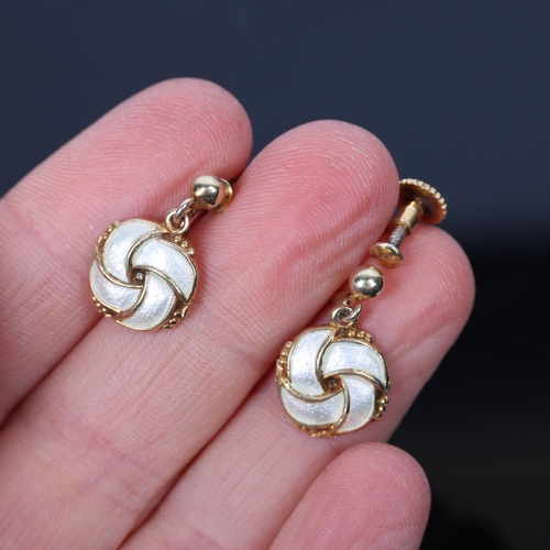 1480 - A pair of Danish vermeil silver and white enamel knot drop earrings, with screw-back fittings, no ma... 