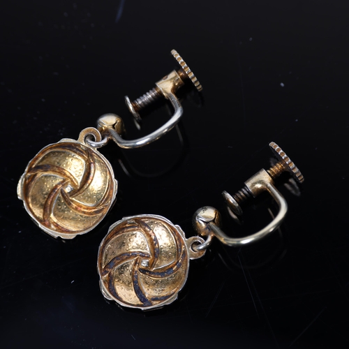 1480 - A pair of Danish vermeil silver and white enamel knot drop earrings, with screw-back fittings, no ma... 