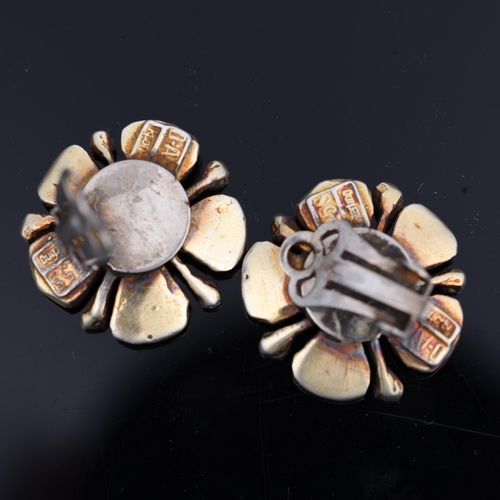 1493 - DAVID ANDERSEN - a pair of Norwegian sterling silver-gilt enamel flowerhead clip-on earrings, 20.7mm... 