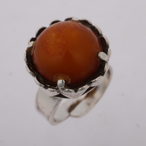 1496 - ALTON - a Swedish modernist sterling silver and butterscotch amber heart dress ring, circa 1974, set... 