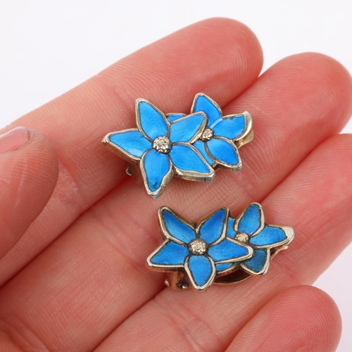 1501 - A pair of Danish stylised silver-gilt blue enamel flowerhead clip-on earrings, no maker, 23.2mm, 7.4... 