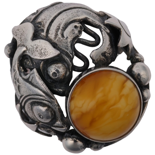 1506 - NIELS ERIK FROM - an Art Nouveau style Danish sterling silver and butterscotch amber fish openwork r... 