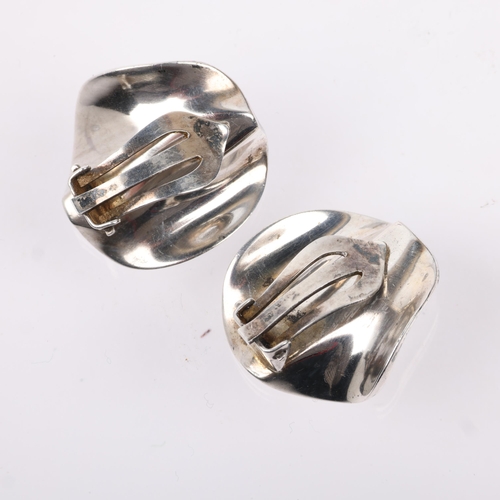 1512 - HANS HANSEN - a pair of Danish modernist sterling silver fold clip-on earrings, 22.7mm, 13.9g