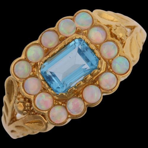 1519 - A modern silver-gilt blue topaz and synthetic opal cluster ring, in the Georgian style, setting heig... 