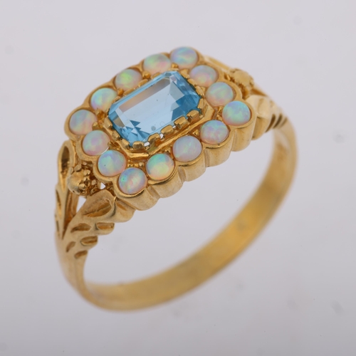 1519 - A modern silver-gilt blue topaz and synthetic opal cluster ring, in the Georgian style, setting heig... 