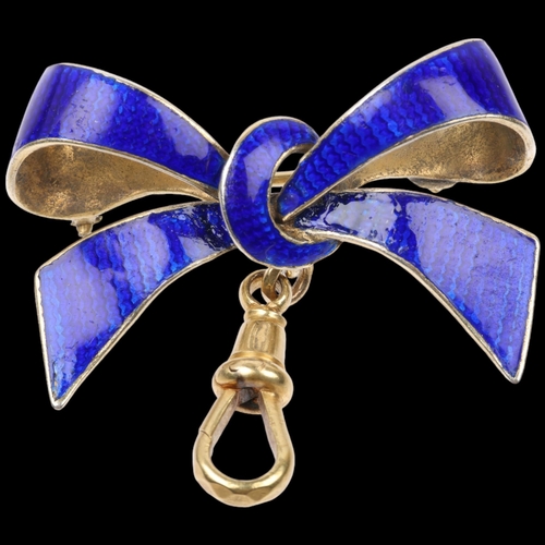 1521 - A Continental silver-gilt blue enamel ribbon bow brooch, with 9ct gold dog-clip, 34.6mm, 6.6g