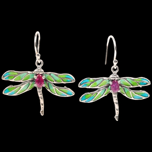 1525 - A pair of sterling silver ruby and plique-a-jour enamel figural dragonfly drop earrings, with shephe... 