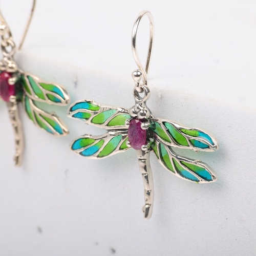 1525 - A pair of sterling silver ruby and plique-a-jour enamel figural dragonfly drop earrings, with shephe... 