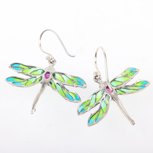 1525 - A pair of sterling silver ruby and plique-a-jour enamel figural dragonfly drop earrings, with shephe... 