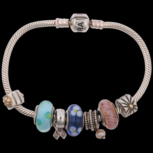 1529 - PANDORA - a sterling silver snake link charm bracelet, with 7 silver charms, 18cm, 31.3g