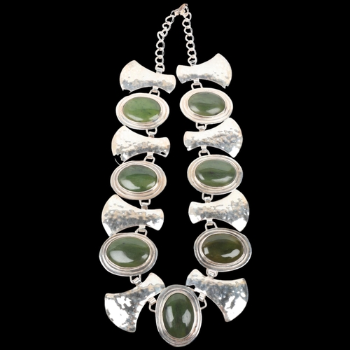 1538 - A large modernist silver and nephrite panel necklace, maker HMN, Birmingham 1975, setting height 41m... 