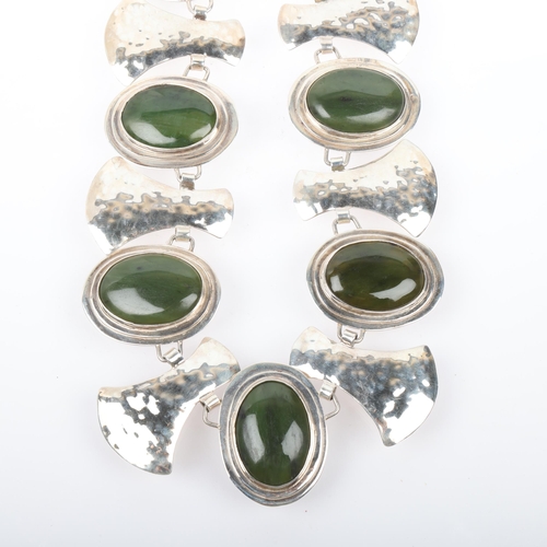 1538 - A large modernist silver and nephrite panel necklace, maker HMN, Birmingham 1975, setting height 41m... 