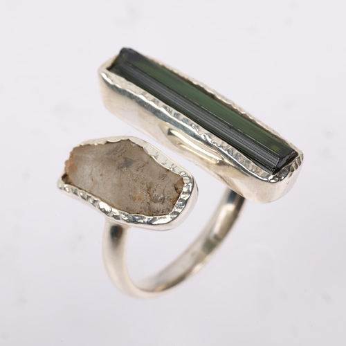 1539 - A modern sterling silver green tourmaline and quartz crystal torque ring, setting height 24.2mm, siz... 