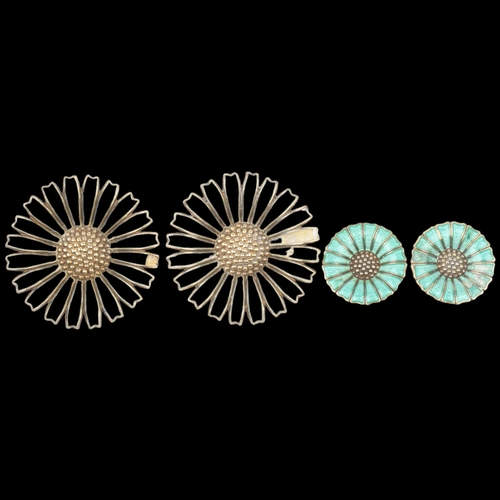 1542 - ANTON MICHELSEN - 2 pairs of Danish vermeil sterling silver and enamel daisy pattern clip-on earring... 