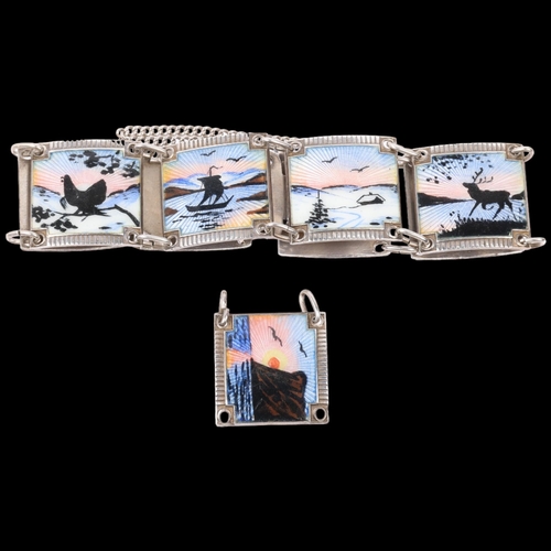 1544 - NILS ERIK ELVIK - a Norwegian sterling silver and hand painted enamel panel bracelet, band width 18.... 