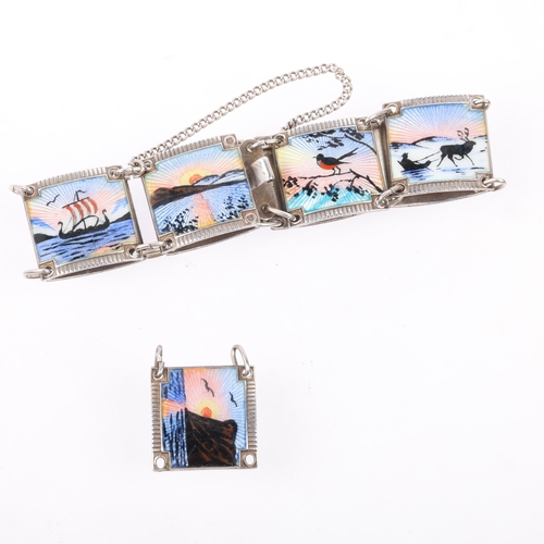 1544 - NILS ERIK ELVIK - a Norwegian sterling silver and hand painted enamel panel bracelet, band width 18.... 