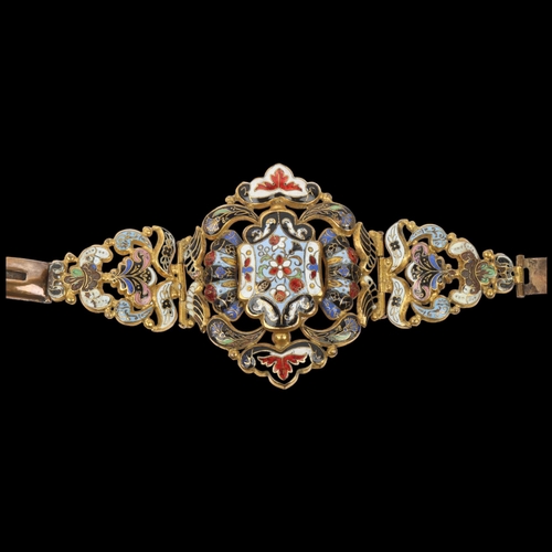 1552 - A large 19th century Austro-Hungarian gilt-metal enamel floral panel bracelet, setting height 63.5mm... 