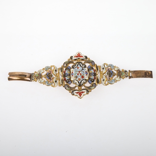 1552 - A large 19th century Austro-Hungarian gilt-metal enamel floral panel bracelet, setting height 63.5mm... 