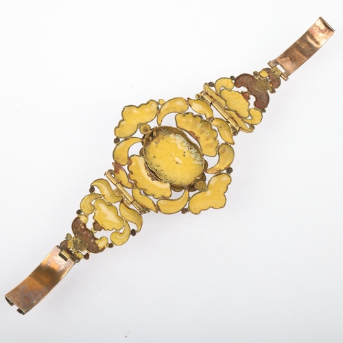 1552 - A large 19th century Austro-Hungarian gilt-metal enamel floral panel bracelet, setting height 63.5mm... 