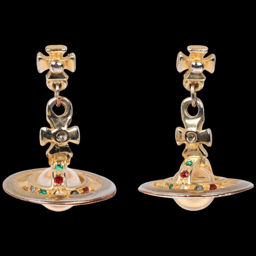 1553 - VIVIENNE WESTWOOD - a pair of gilt-metal and crystal orb drop earrings, 33.6mm, 16.1g, boxed