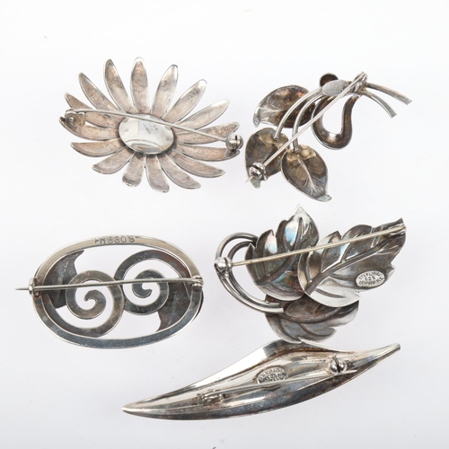 1558 - 5 Danish silver floral brooches, makers include Hermann Siersbol, largest 66.6mm, 35.6g total (5)